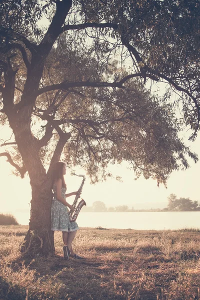 Silhouette portrait of beautiful young woman near the trunk of a tree in nature with sax — Stock Photo, Image