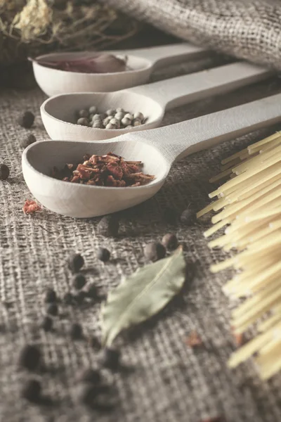 Spoons with spices for cooking: red peppers,pepper, garlic, bay leaf, dill and spaghetti — Stock Photo, Image