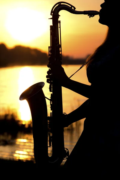 Das Scherenschnitt-Porträt einer jungen Frau, die gekonnt Saxofon spielt in der Natur, die ihr Ruhe verleiht — Stockfoto