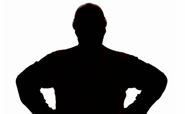 Silhouette Von Dicken Bauarbeiter Figur Hartem Hut Mit Händen Auf — Stockfoto