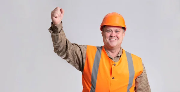 Successful Construction Worker Hard Hat Showing Thumb Grey Studio Background — Foto Stock