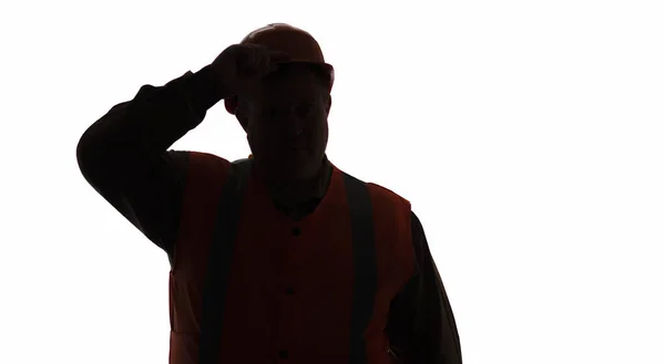 Dark Silhouette Figure Successful Contruction Worker Greeting Hardhat White Isolated — 스톡 사진