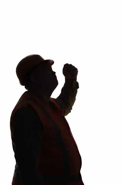 Silhouette Fat Foremanin Hard Hat Threatening Showing Fist Workers White — Stockfoto