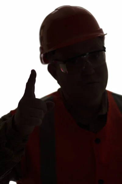 Silhouette Contruction Worker Warning Finger Hard Hat White Isolated Background — Foto Stock