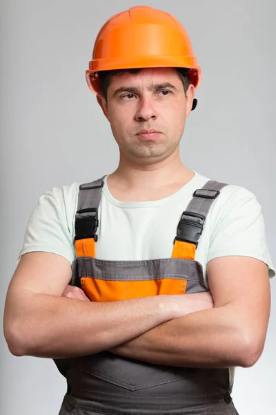 Poratrait Confident Pompous Young Construction Worker Hard Hat Overalls Arms — Stock Photo, Image