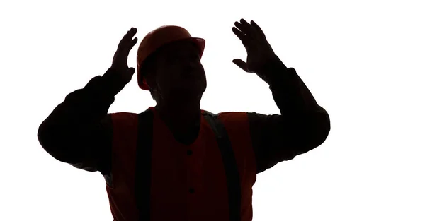 Dark Silhouette Building Contractor Hard Hat Waving Hands White Isolated — Stock Photo, Image