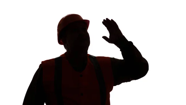 Dark Silhouette Building Contractor Hard Hat Waving Hands White Isolated — Stock Photo, Image