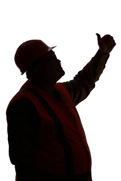 親指を示すハード帽子の脂肪建設労働者のシルエットプロフィール 白い隔離された背景にジェスチャーを承認し 業界の概念を構築 — ストック写真