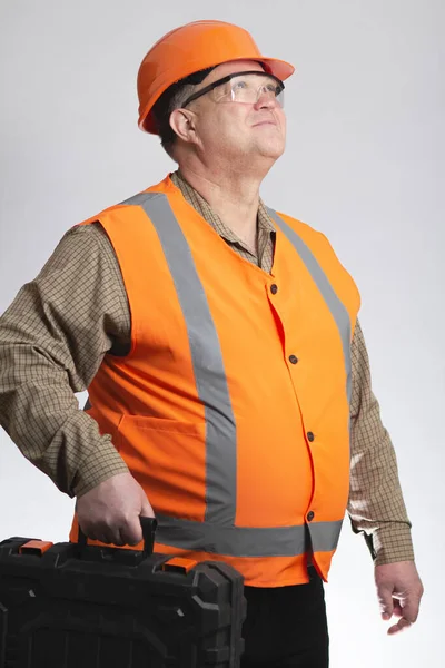 Happy Stout Man Hard Hat Reflective Vest Protective Glasses Grey — Stock Photo, Image