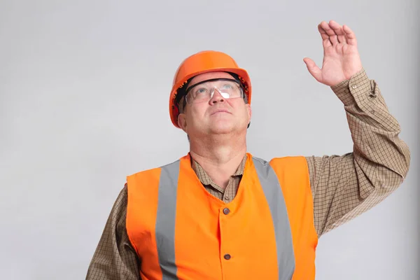 Fat Middle Aged Building Contractor Hard Hatgreeting Waving Hands White — Stock Photo, Image