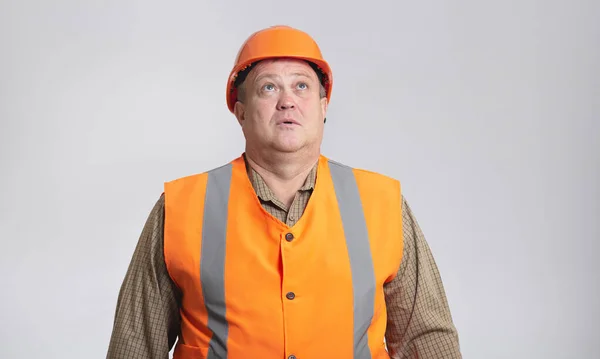 Fat Construction Worker Funny Confusion Hard Hat Reflective Vest Bulder — Stock Photo, Image