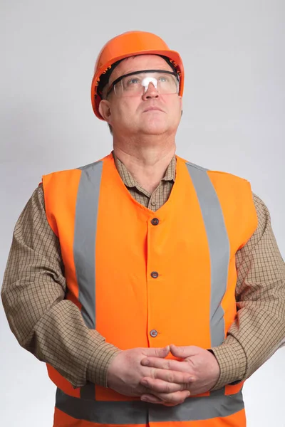 Pot Bellied Figure Thoughtful Engineer Middle Aged Architect Orange Hard — Stock Photo, Image