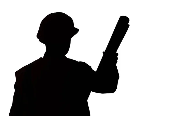 Silhouette Figure Young Construction Worker Hard Hat White Isolated Background — Stock Photo, Image