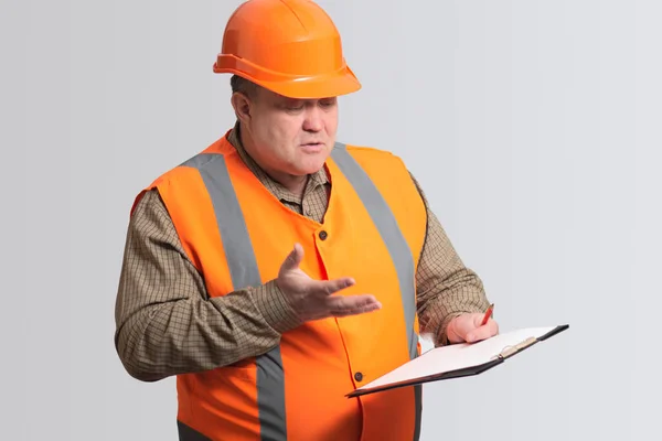 Middle Aged Fat Engineer Hard Hat Funny Disgruntled Foreman Gray — Stock Photo, Image