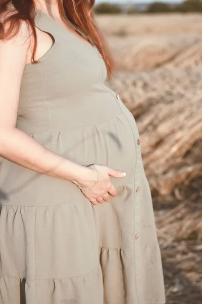 年轻孕妇的肚子在日落时走在农田里 麦穗的阴影笼罩在圆圆的肚子上 象征着丰收 新生命的诞生 — 图库照片
