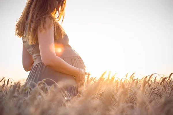 年轻女子站在麦田上 夕阳西下 摸着肚子 未来的母亲放松自然 健康的怀孕 家庭观念 — 图库照片