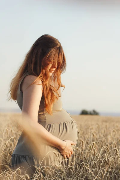 美丽的年轻孕妇在日落时走在麦田上 红头发的孕妇在大自然中轻松自在地用手抚摸着她的肚子 快乐的怀孕观念 — 图库照片
