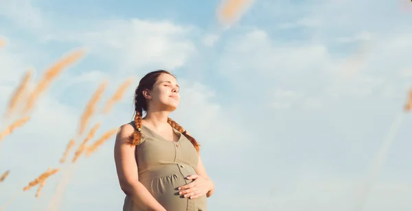Genç Güzel Hamile Bir Kadın Gün Batımında Kuru Otların Arasında — Stok fotoğraf