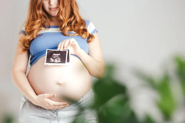 Corpo Mulher Jovem Grávida Interior Casa Segurando Ultra Som Varredura Imagem De Stock