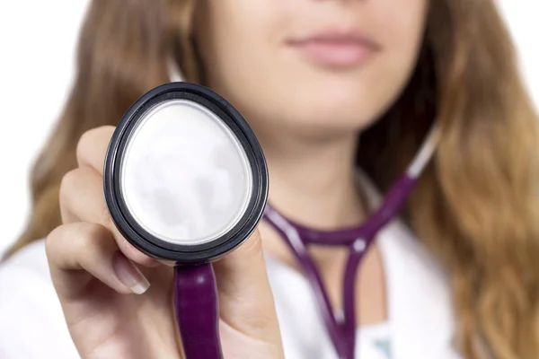 Stethoscope on the neck of a woman doctor — Stock Photo, Image