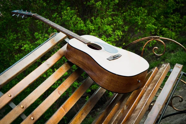 Schöne Foto-Gitarre auf einer Bank in der Natur — Stockfoto