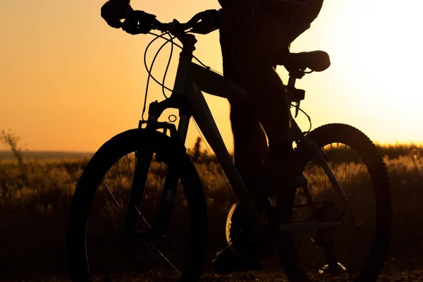 Silhueta de um homem andando de bicicleta no campo — Fotografia de Stock