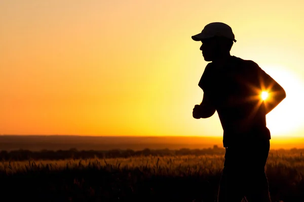 Silhouette uomo in esecuzione sul campo — Foto Stock