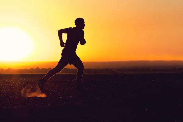 Silhouette uomo in esecuzione sul campo — Foto Stock