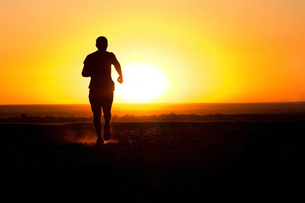 Silhouette uomo in esecuzione sul campo — Foto Stock