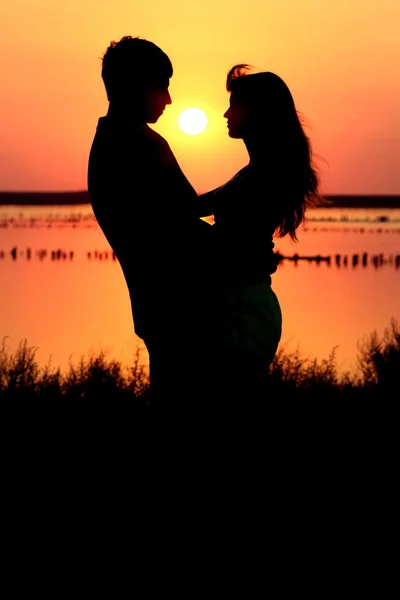 Silhouette of a young couple in love in nature — Stock Photo, Image