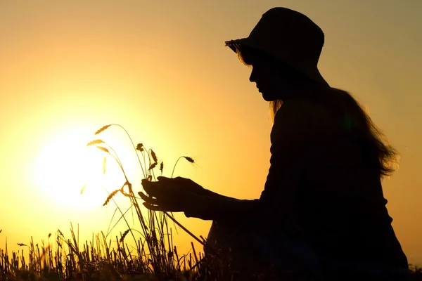 Silhouette di una ragazza in campo con orecchie — Foto Stock