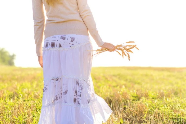 Giovane ragazza che cammina in un campo con le orecchie in mano — Foto Stock