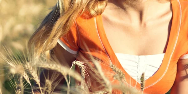 Jovem menina bonita no campo com orelhas na mão — Fotografia de Stock