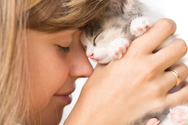 Meisje met een kleine kitten — Stockfoto