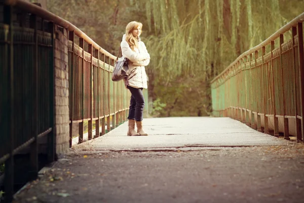 Retrato de outono de uma bela jovem na ponte — Fotografia de Stock