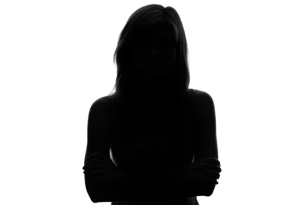 Silhouet van een peinzende vrouw op een witte achtergrond — Stockfoto