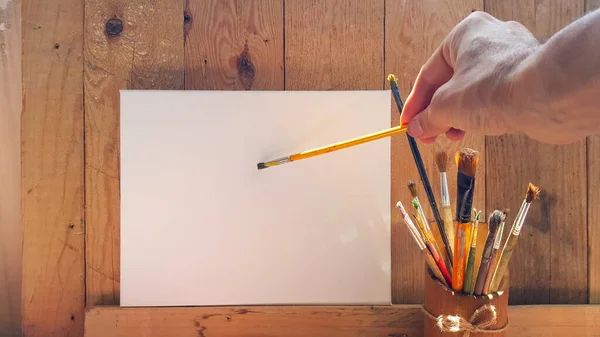 Artist Hand Brush Draws Canvas Creativity Inspiration Intellectual Work — Stock Photo, Image