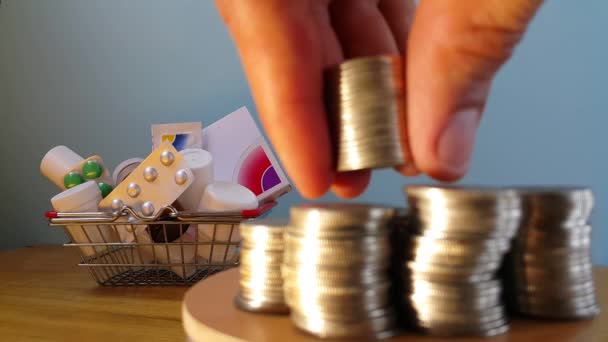 Medicijnen Supermarktmand Staan Centraal Munten Vingers Die Munten Toevoegen Staan — Stockvideo