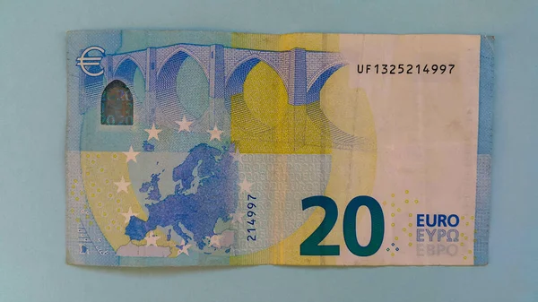 Vecchi Venti Euro Sfondo Blu Carta Moneta Europea Valuta Risparmio — Foto Stock