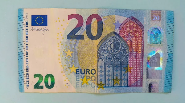 Двадцять Євро Синьому Фоні Європейські Паперові Гроші Валюта Заощадження — стокове фото
