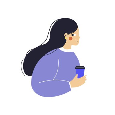 Elinde bir fincan kahve tutan kız, düz çizim.