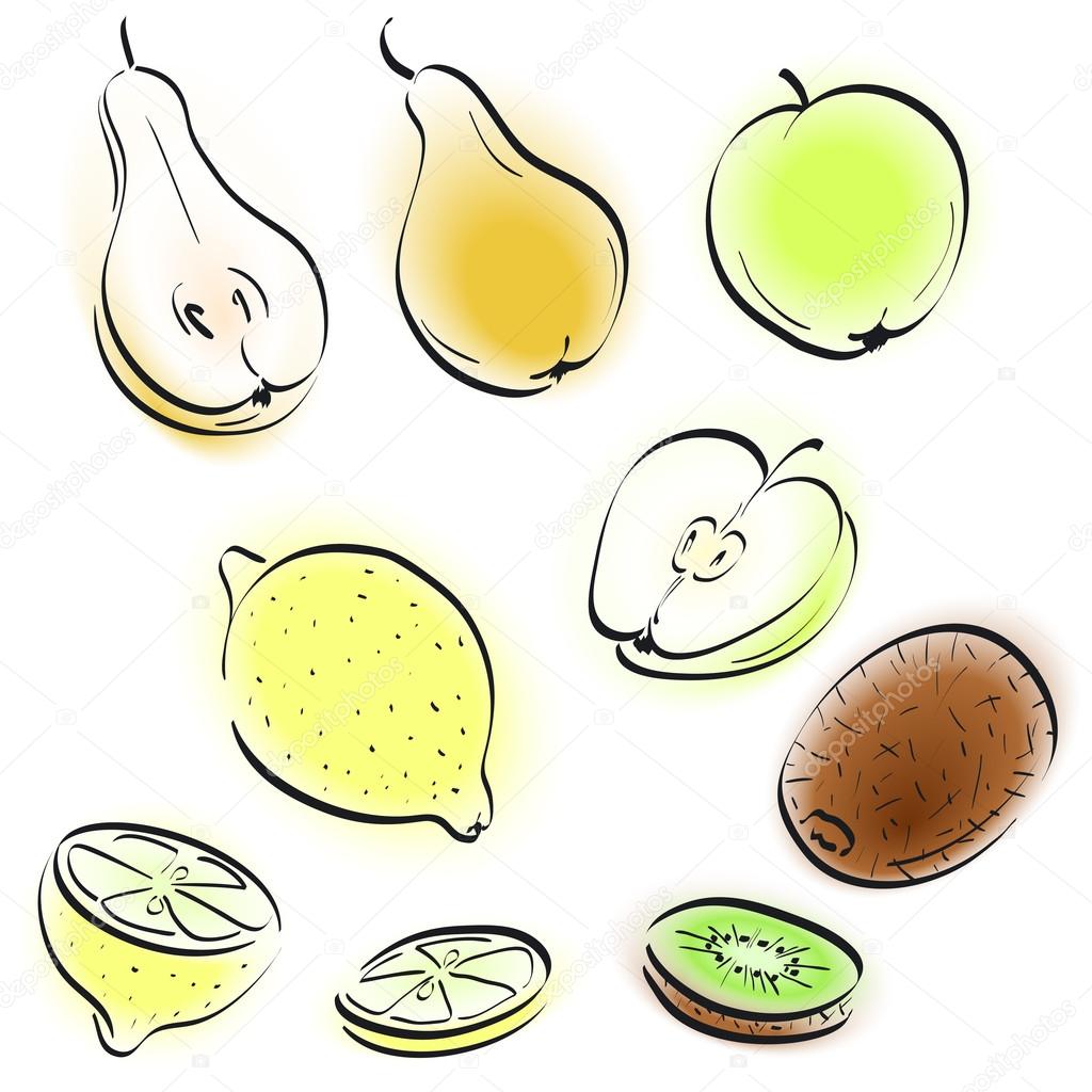 Abbozzo della frutta pera mela limone Kiwi semplice disegno — Vettoriale Stock