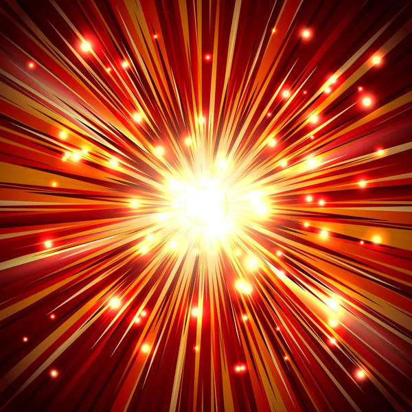 Explosão faísca de fogo feixe de raios de partículas fundo de luz — Vetor de Stock