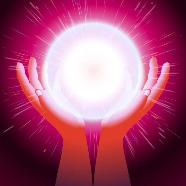 Míč magické energie ruku dlaní flash světlé pozadí — Stockový vektor