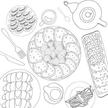 Pankek ve çilekle boyama kitabı anti-stres kahvaltısı.
