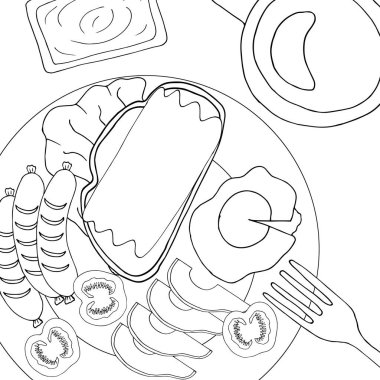 sosisler, sandviçler ve yumurtalardan oluşan stres karşıtı boyama kitabı.