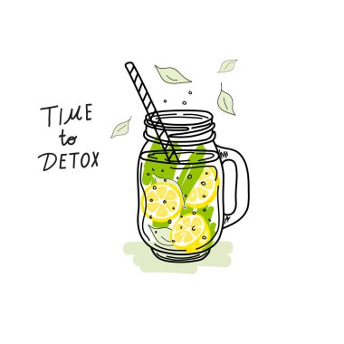 Smoothie ya da detoks kokteyl günü posteri. Kokteyl ya da detoks için mason bardakta ya da kavanozda el yapımı malzemeler. Sağlıklı yiyecekler. Vektör illüstrasyonu Poster ve afiş için harika.