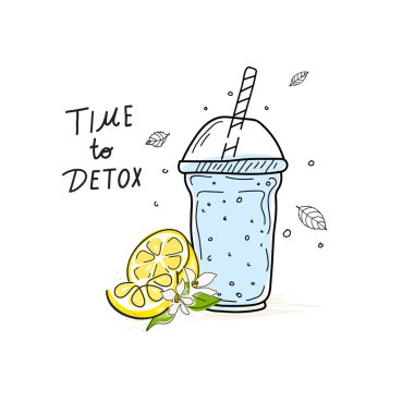 Limonlu, naneli ve pipetli bir bardak saf su. Sağlıklı yemek posteri. Smoothie, limonata, taze meyve suyu ve detoks gibi el yapımı vektör öğeleri. Karalama. Vektör illüstrasyonu. 