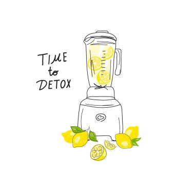 Smoothie ya da detoks kokteyl günü posteri. Yemek işlemcisi, mikser, meyve ve blender. Limon. Sağlıklı yiyecekler. Vektör illüstrasyonu elle çizilmiş. 