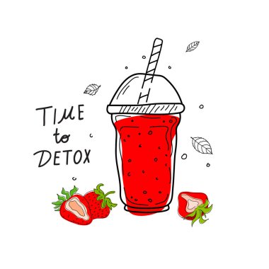 Arınma günü posteri için Smoothie kokteyli. Bir bardakta kokteyl ya da detoks için el yapımı malzemeler. Sağlıklı yiyecekler. Vektör illüstrasyonu Poster ve afiş için harika.